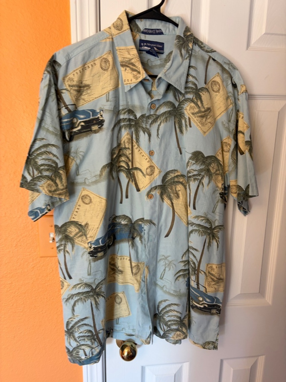 Tommy Bahama Light Blue Palm & Vintage Car Camp Shirt